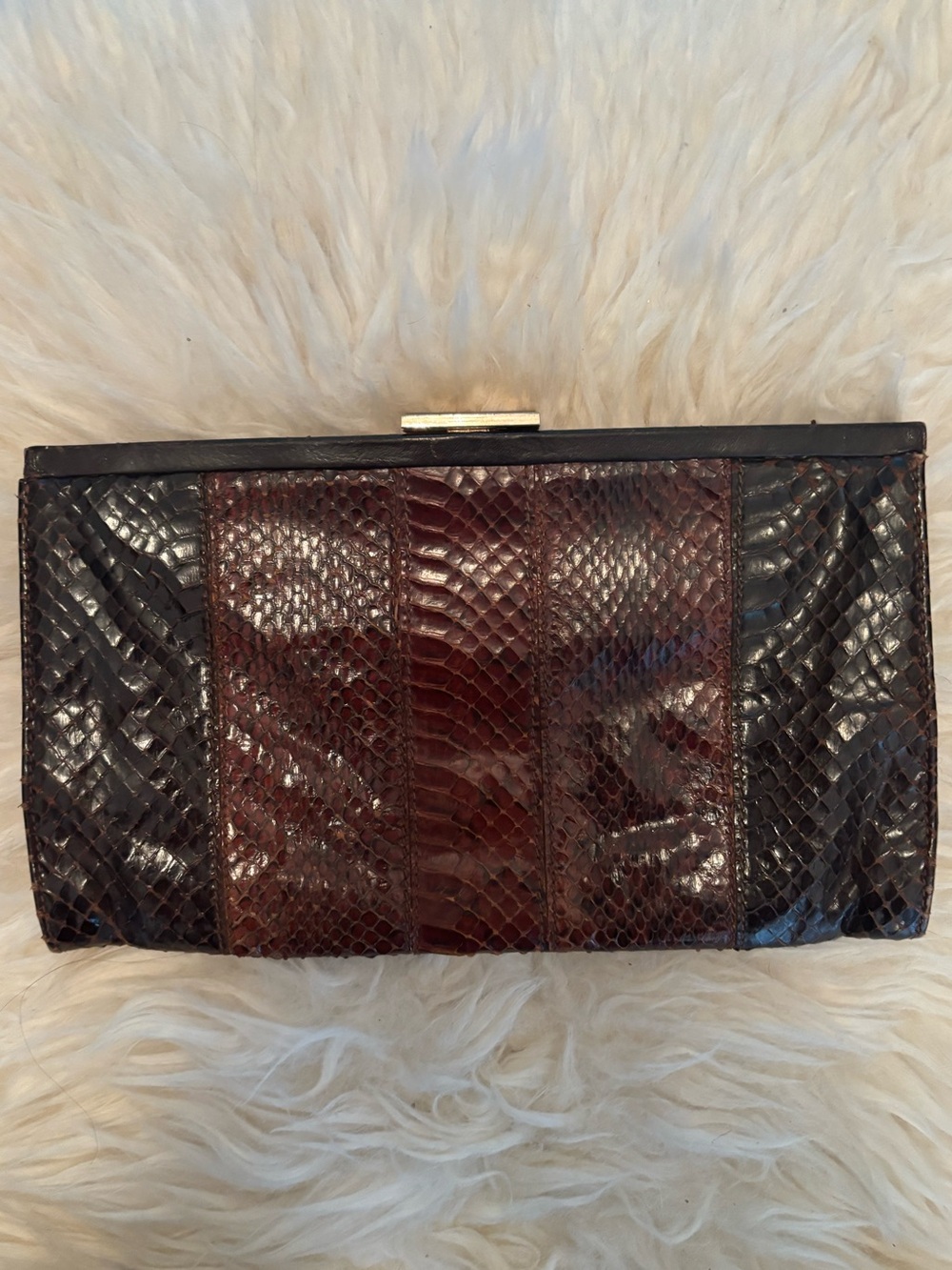 Vintage Brown and Black Snake-Skin Clutch with Gold Trim - Made in France